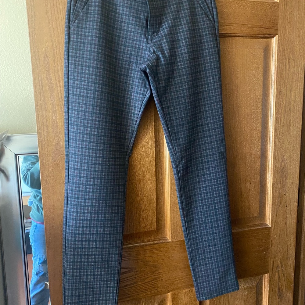 KUT pants.  Gray, black and maroon plaid.  Skinny leg, some stretch.